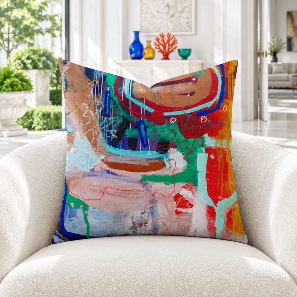 Reminiscence 2 pillow in bright white conservatory with colorful glass