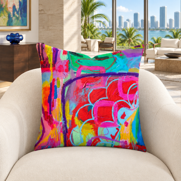 Destination Happiness 1 pillow in a modern Miami collector suite