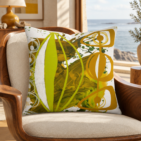 Chartreuse Yellow Ochre 4 pillow in walnut mid-century collector lounge