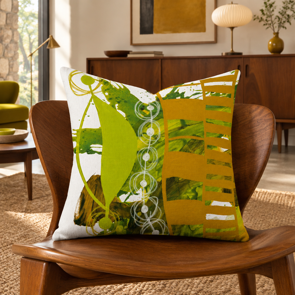 Chartreuse and Yellow Ochre 1 pillow in walnut mid-century collector lounge