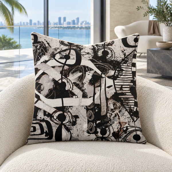 Modern Black White and Taupe 2bc pillow upright in a contemporary Miami resort residence