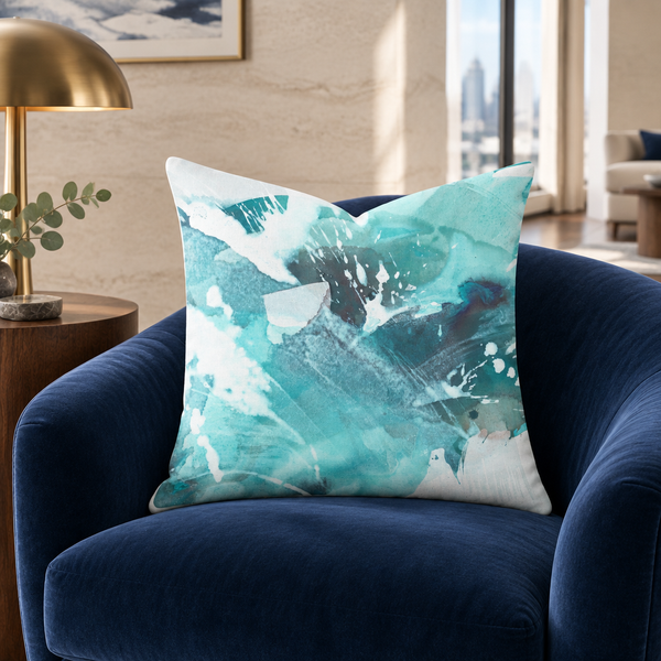 Aquatic Sea Glass Aqua art pillow on a midnight blue velvet chair