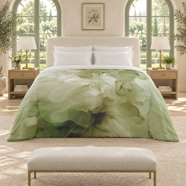 Spring Bloom comforter on a centered bed in a bright sage-and-ivory conservatory with arched garden windows, light-oak bedside tables, brushed-brass lamps, and a forward-set ivory bench