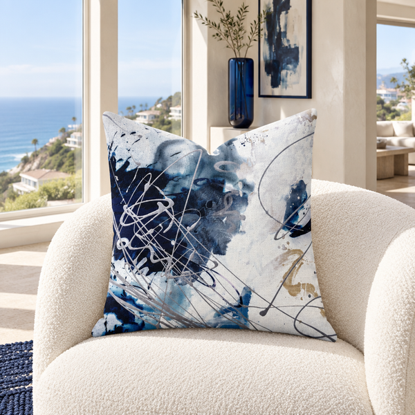 Nautical 2 - 3 pillow in Malibu hillside room with navy details