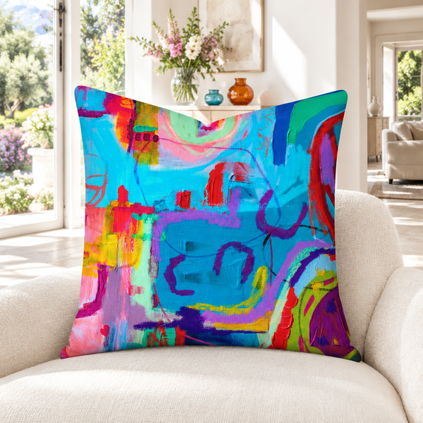 Destination Happiness 4 pillow in bright white garden villa with colorful flowers