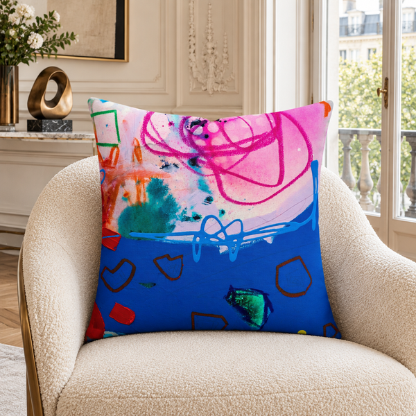 A Vibrant Life 4-b pillow in Parisian gallery apartment