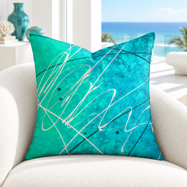 Gulf Waters 22-inch pillow in white coastal room with matching turquoise details