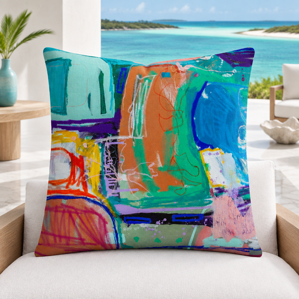 Close-up of the Reminiscence -1 pillow with restrained matching decor accents in a Turks and Caicos villa