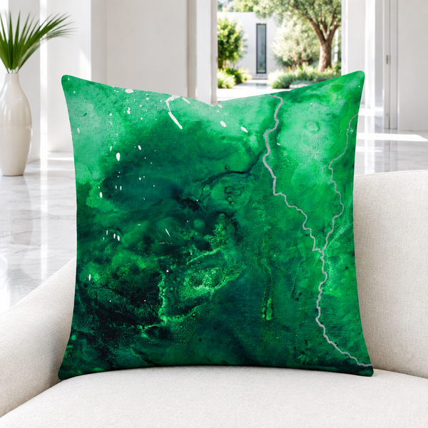 Green Energy 4 pillow upright in a bright modern Malibu courtyard home