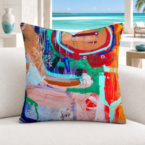Reminiscence -2 pillow with subtle color accents in a white Turks and Caicos suite