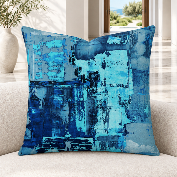 Blue 4 pillow upright in a bright modern Malibu courtyard home