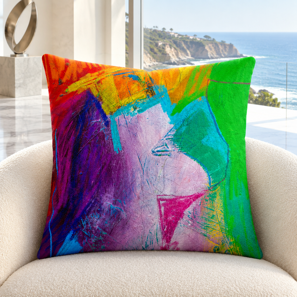 Emotions 3 pillow upright in a gallery-like Malibu coastal home