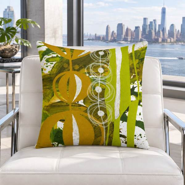 Chartreuse Yellow Ochre URL 3 pillow in cool-white Manhattan room