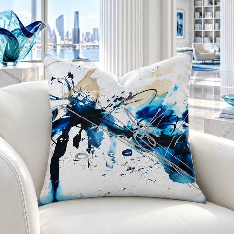 Nautical A pillow in a white collector room with matching blue details
