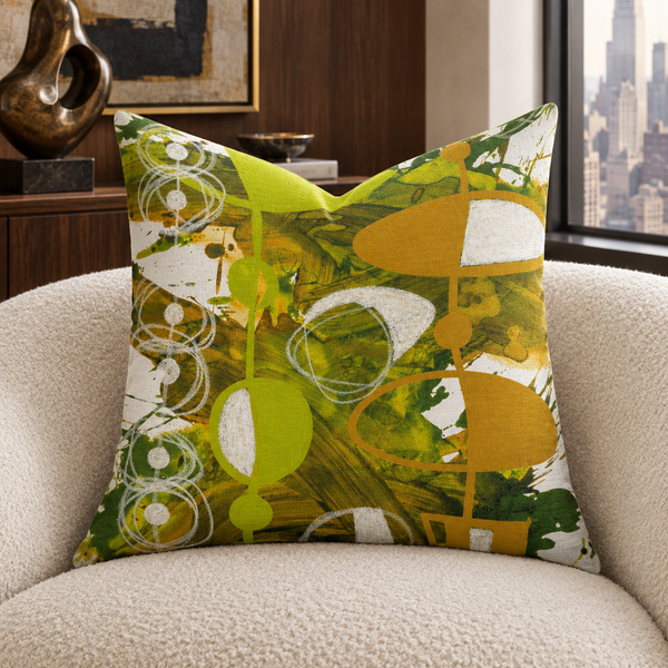 Chartreuse and Yellow Ochre 3 art pillow on an ivory chair in a Manhattan suite