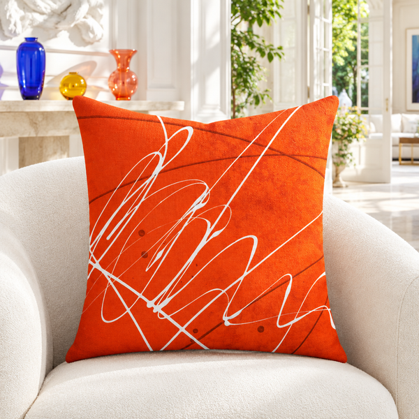 Vermillion pillow in white conservatory with colorful glass