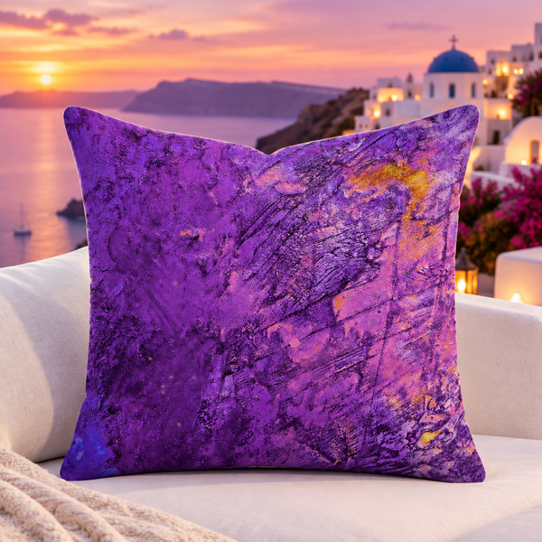 Amethyst pillow standing upright on a Santorini terrace at sunset