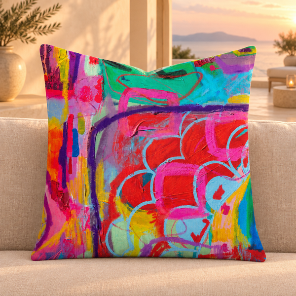 Close-up of the Destination-Happiness -1 square pillow in a Mediterranean villa at sunset