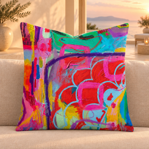 Close-up of the Destination-Happiness -1 square pillow in a Mediterranean villa at sunset