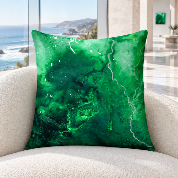 Green Energy 4 pillow upright in a modern Malibu oceanfront mansion with distant matching art