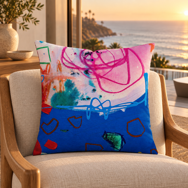 A Vibrant Life 4-b pillow in Malibu residence at sunset