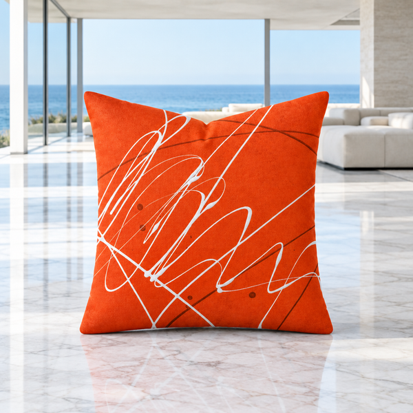Vermillion 22-inch pillow upright in a bright modern Malibu glass pavilion with white marble flooring