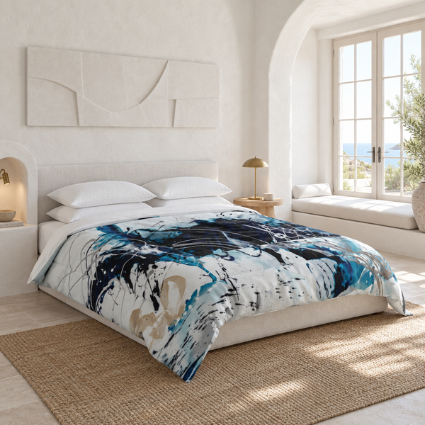 Nautical 2 comforter in a bright coastal bedroom with an arched French-door opening, white window seat, and brass accents