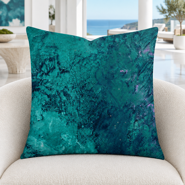 Teal pillow on an ivory swivel chair in a modern Malibu gallery living room