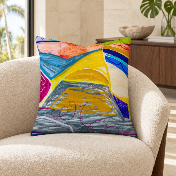 The A New Beginning 22-inch art pillow in a warm ivory Palm Beach sitting room with walnut and limestone details