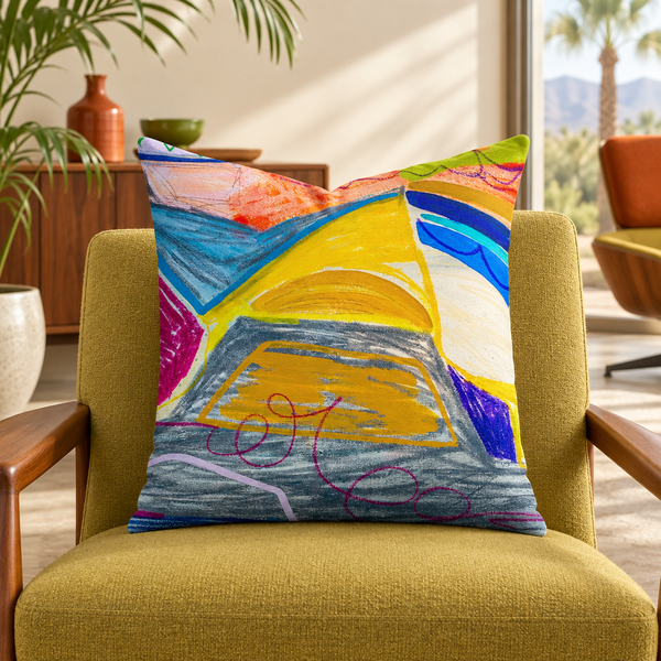 The A New Beginning 22-inch art pillow in a Palm Springs mid-century modern room with walnut furniture and restrained warm color accents