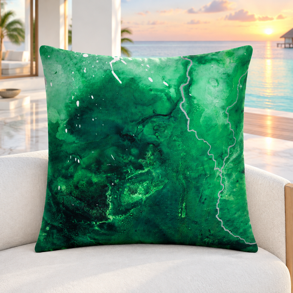 Green Energy 4 pillow upright in a bright white marble resort at understated sunset