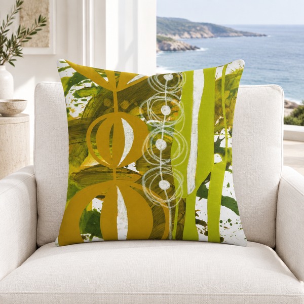 Chartreuse Yellow Ochre URL 3 pillow in white coastal residence