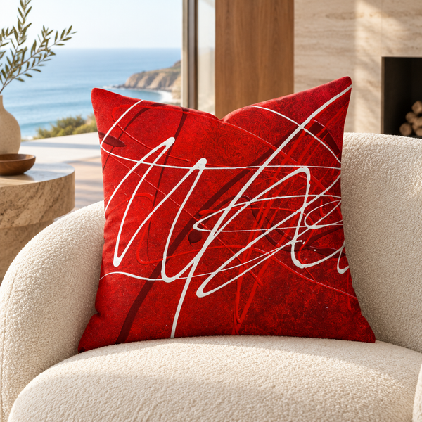 Passion Red - 3 art pillow on an ivory chair in a Malibu home