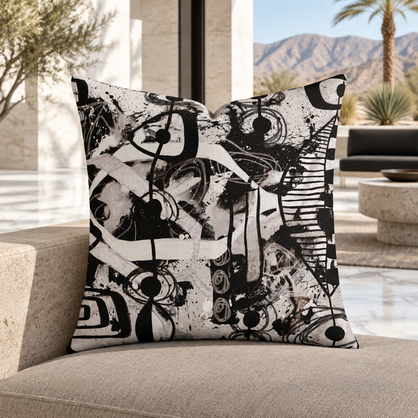 Modern Black White and Taupe 2bc pillow upright in a Palm Springs desert resort
