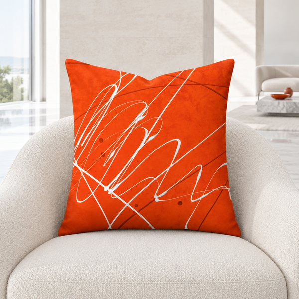 Vermillion 22-inch pillow upright in a very modern white gallery residence with marble flooring and minimal print-matched accents