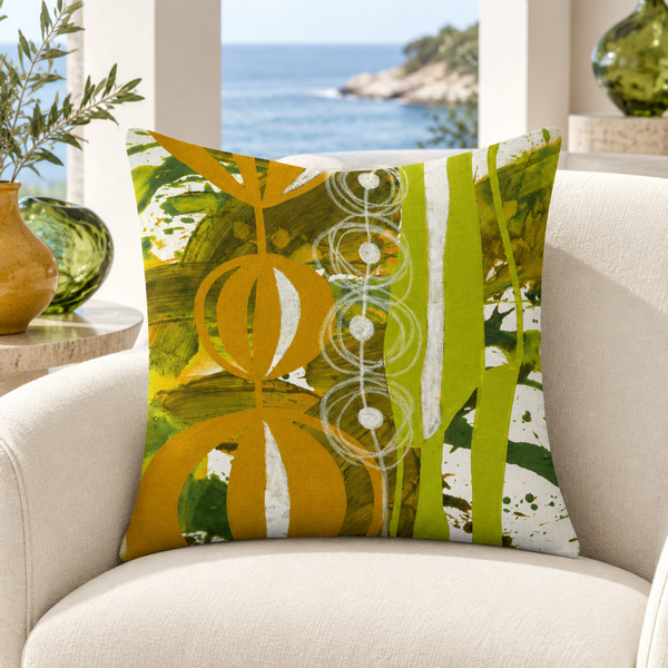 Chartreuse Yellow Ochre URL 3 pillow in white villa with matching colors