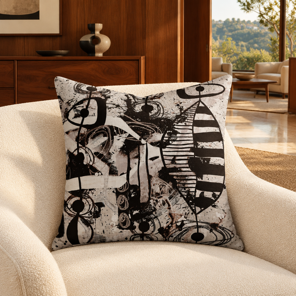 Modern Black White and Taupe 2bc 22-inch pillow in walnut mid-century suite