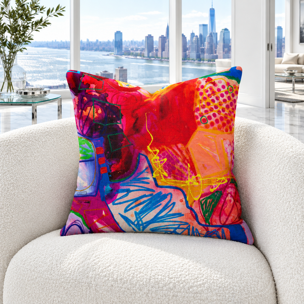 A Vibrant Life 3 art pillow in a cool bright white river-view room
