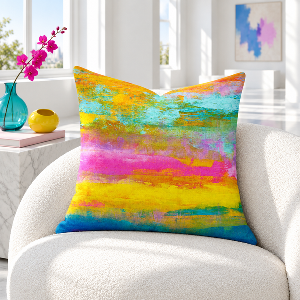 Opal fine art pillow in a bright white room with colorful glass and flower accents