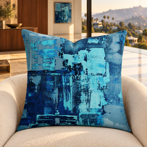 Blue 4 pillow upright in a warm Hollywood Hills mansion with distant matching art