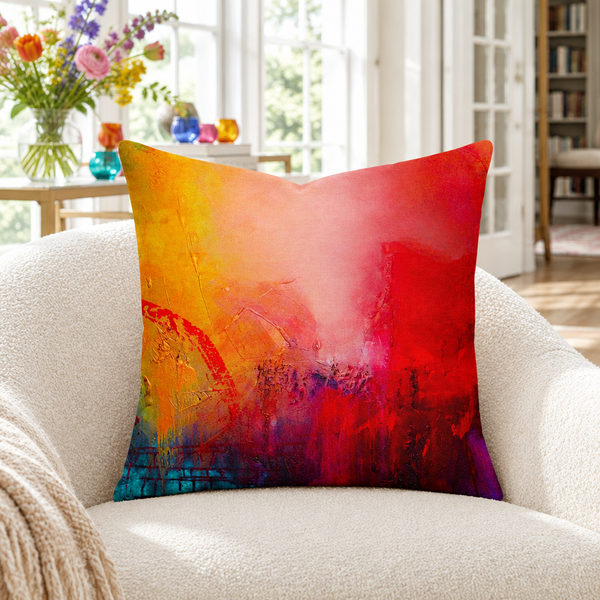 Lucid Dream pillow in bright white sunroom with colorful flowers and glass