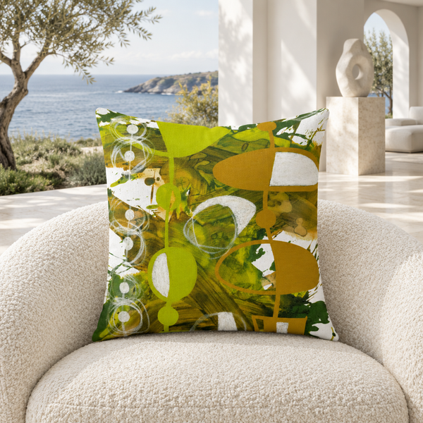Chartreuse Yellow Ochre 3 pillow in white sculptural gallery villa