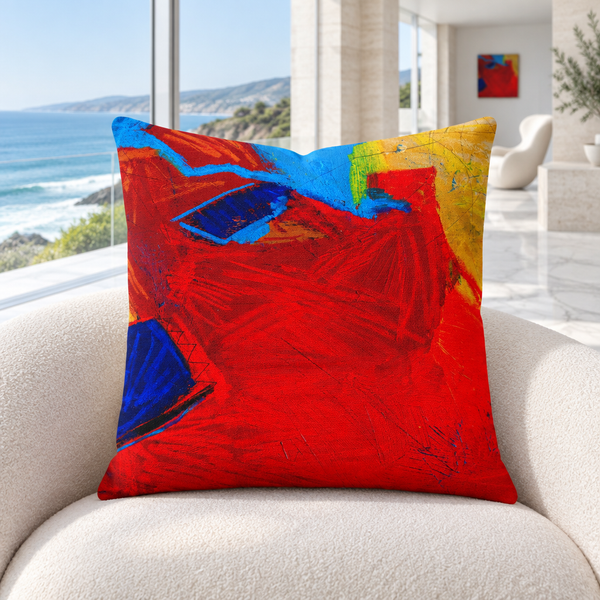 Emotions 2 pillow upright in a Malibu oceanfront mansion with distant matching art