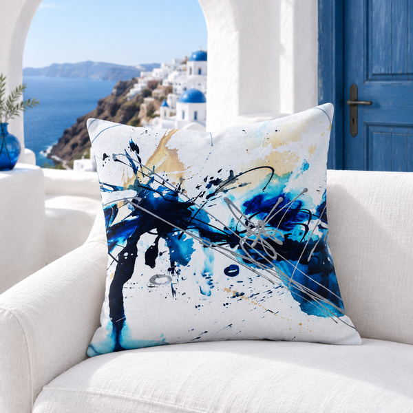 Nautical A pillow in white Santorini villa beside blue door