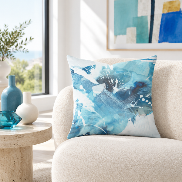 Aquatic Blue Waters throw pillow in a modern white lounge corner with colorful accents