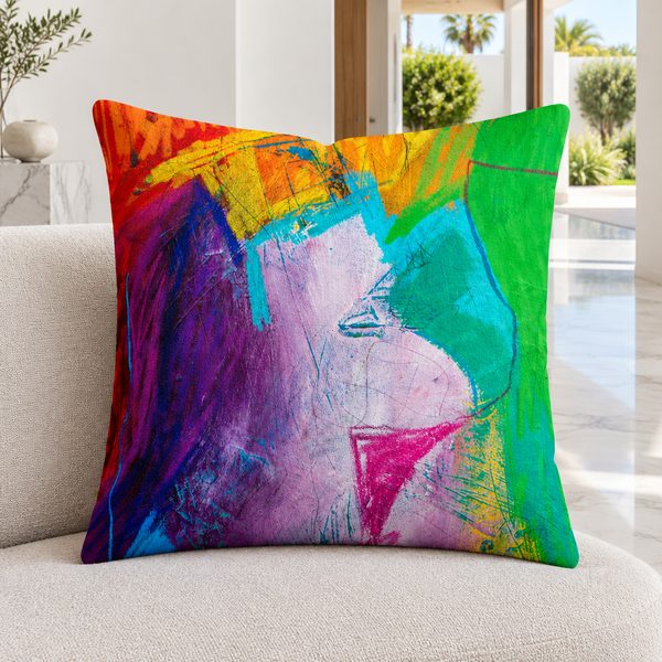 Emotions 3 pillow upright in a bright Malibu courtyard home