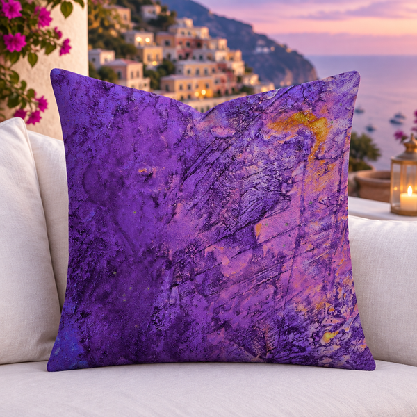Amethyst pillow standing upright on a Positano terrace at dusk