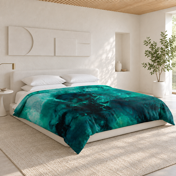 Aquatic 2 Emerald comforter in a curated Japanese-inspired white room with a pale oak slatted ceiling and asymmetrical furnishings