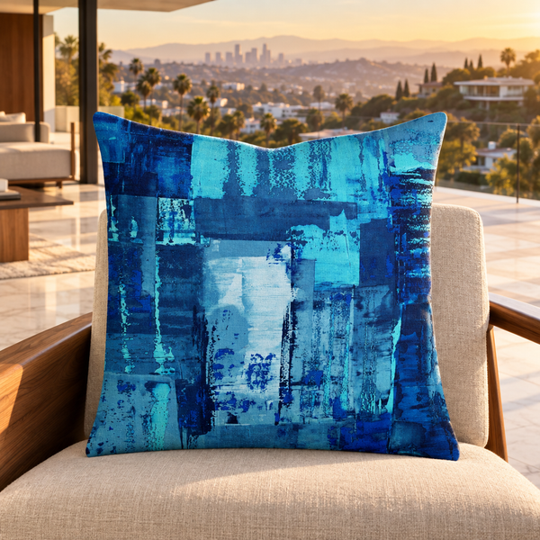 Blue 7 pillow upright in a contemporary warm Hollywood Hills villa