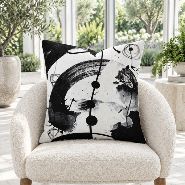 Modern Black White 2-5 pillow in white garden conservatory
